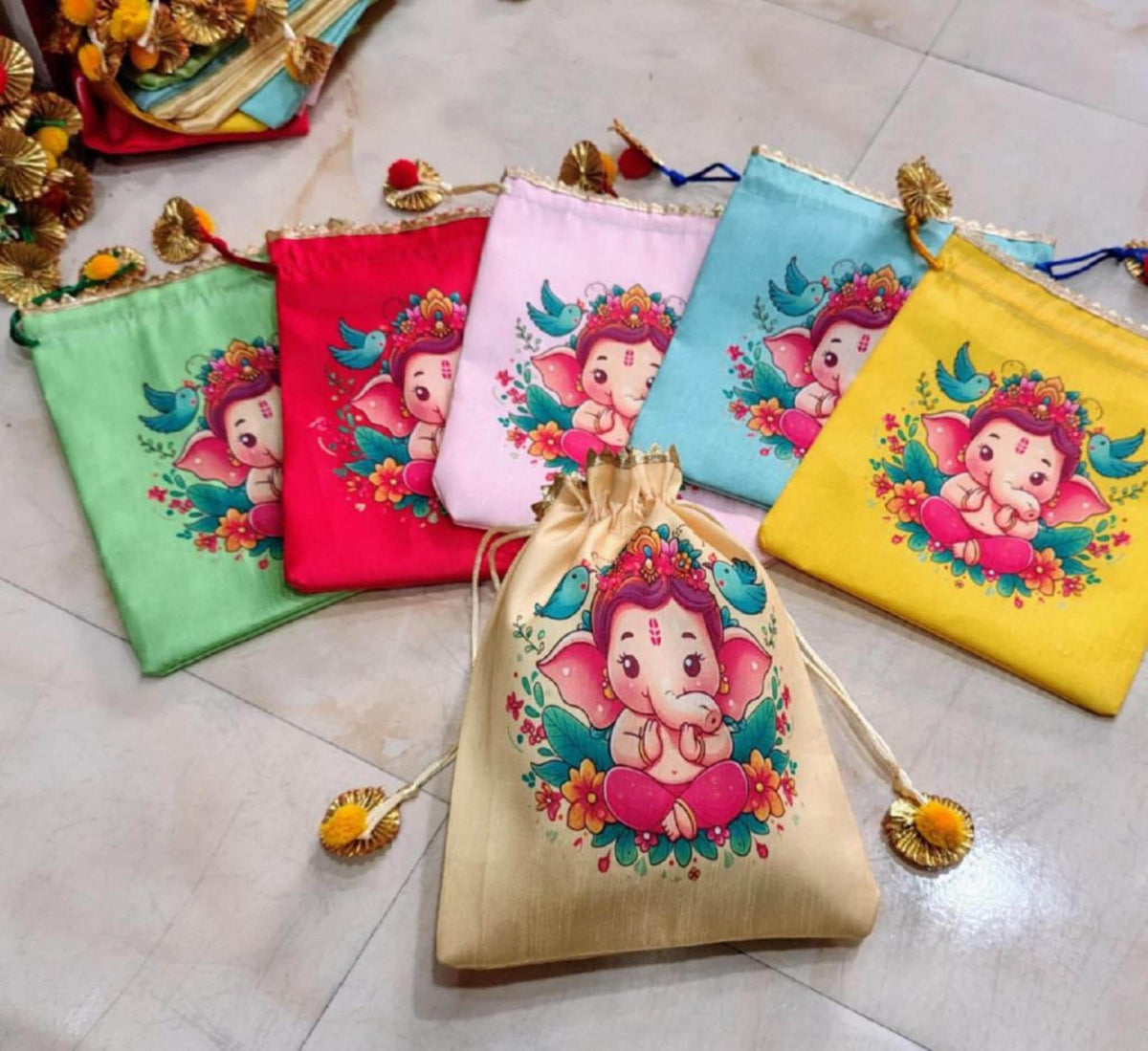 Indian Festive Potli Bags, Rangoli Print, Tassel Drawstring Pouches (7x9 inch)
