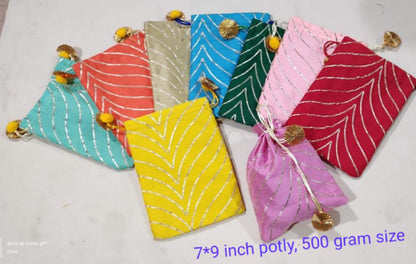 Indian Festive Potli Bags, Rangoli Print, Tassel Drawstring Pouches (7x9 inch)