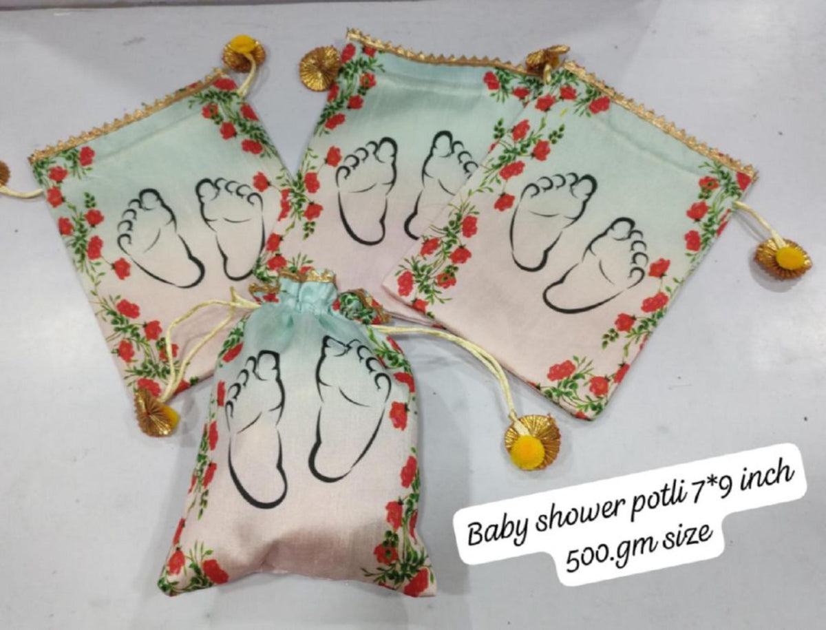 Baby Shower Potli Bags, Mother Baby Favor Pouch, Butterfly Floral Drawstring Gift Bag
