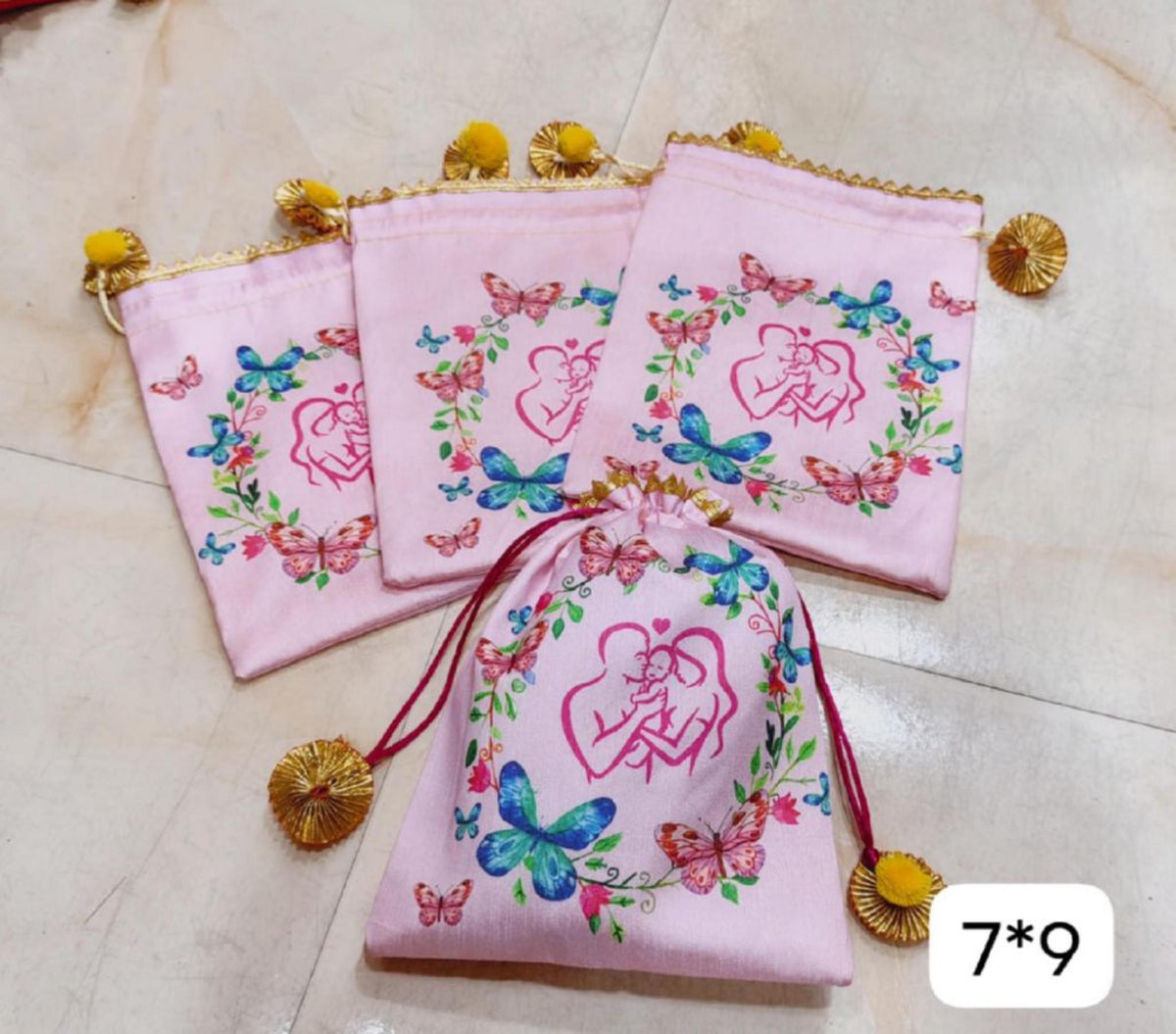 Baby Shower Potli Bags, Mother Baby Favor Pouch, Butterfly Floral Drawstring Gift Bag