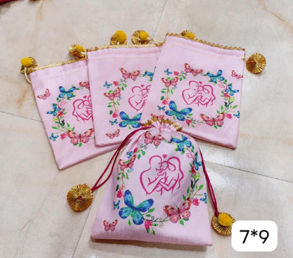 Baby Shower Potli Bags, Mother Baby Favor Pouch, Butterfly Floral Drawstring Gift Bag