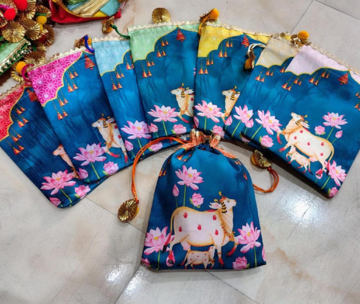 Indian Festive Potli Bags, Festive Gift Bag Tassel Drawstring Pouches (7x9 inch)