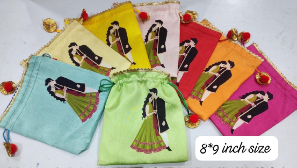 Indian Festive Potli Bags, Floral Lotus Print, Tassel Drawstring Pouches (7x9 inch)