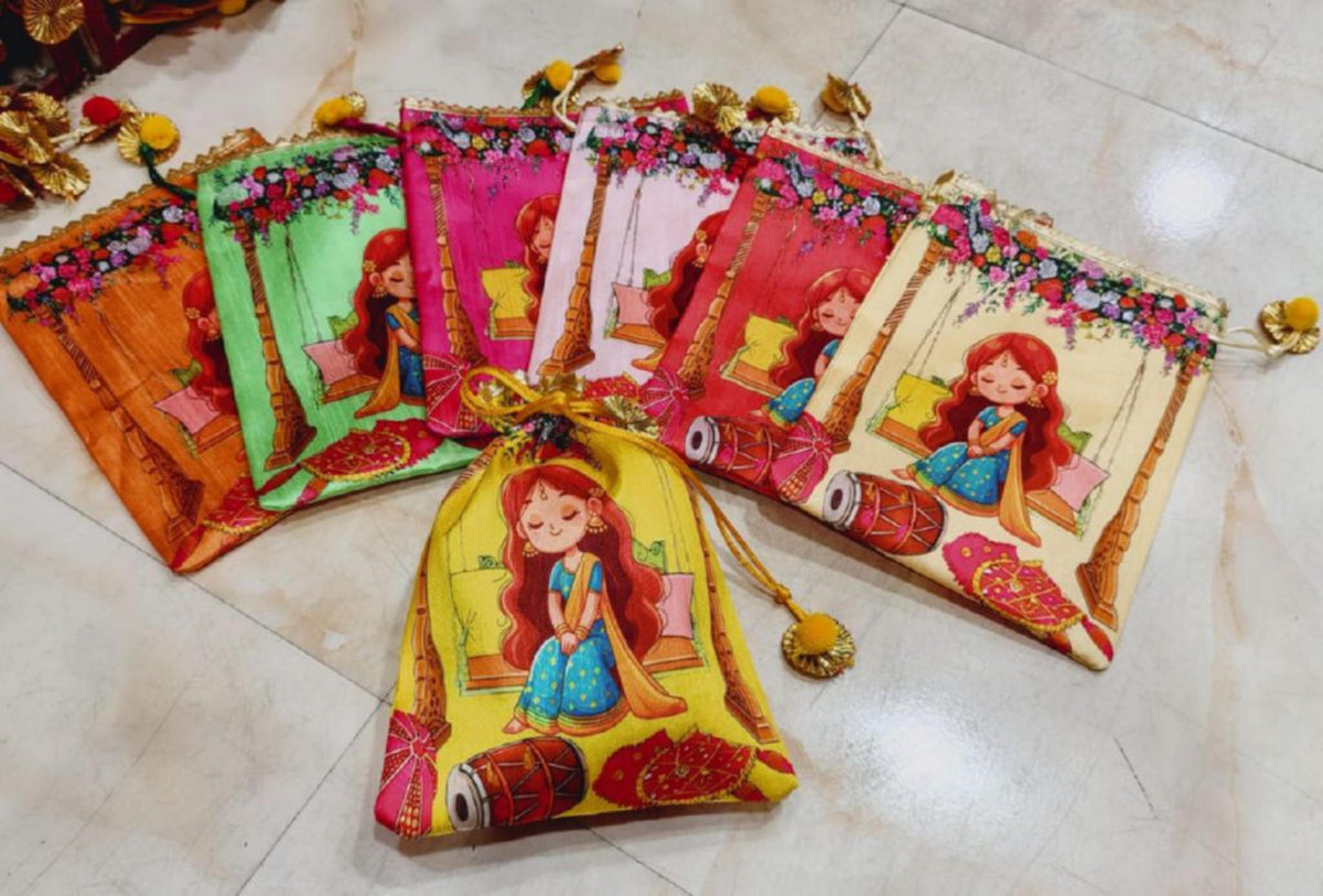 Indian Festive Potli Bags, Floral Lotus Print, Tassel Drawstring Pouches (7x9 inch)