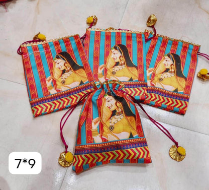 Indian Festive Potli Bags, Floral Lotus Print, Tassel Drawstring Pouches (7x9 inch)