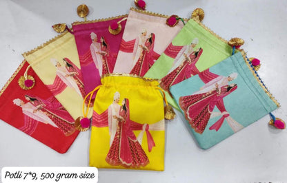 Indian Festive Potli Bags, Floral Lotus Print, Tassel Drawstring Pouches (7x9 inch)