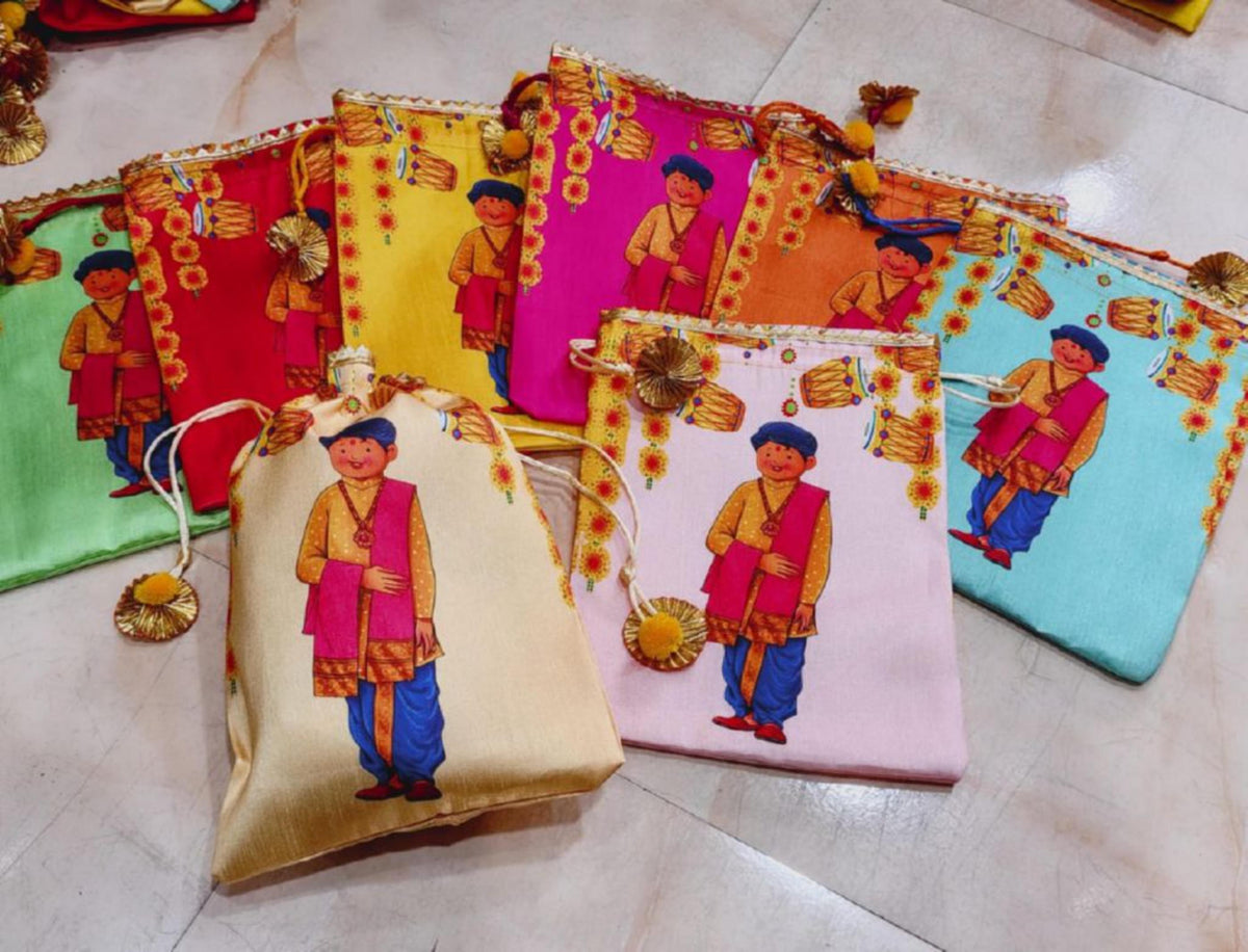 Indian Festive Potli Bags, Floral Lotus Print, Tassel Drawstring Pouches (7x9 inch)