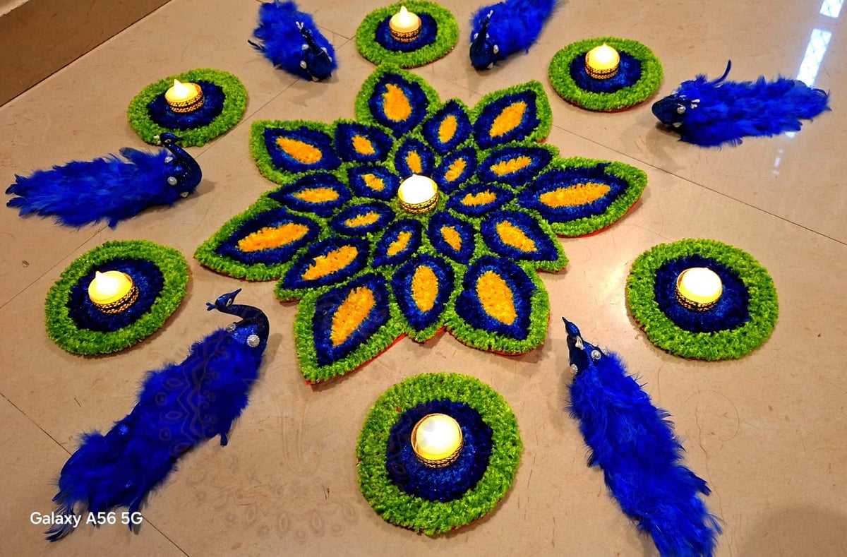 Peacock Rangoli Mat Set | Indian Puja Aasan, Temple Decor