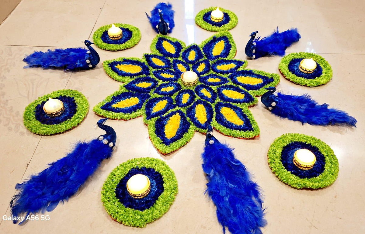 Peacock Rangoli Mat Set | Indian Puja Aasan, Temple Decor