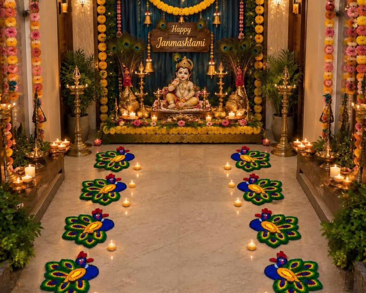 Handmade Peacock Rangoli Mats | Indian Puja Aasan, Temple Decor (6 Pack)