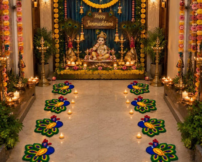 Handmade Peacock Rangoli Mats | Indian Puja Aasan, Temple Decor (6 Pack)
