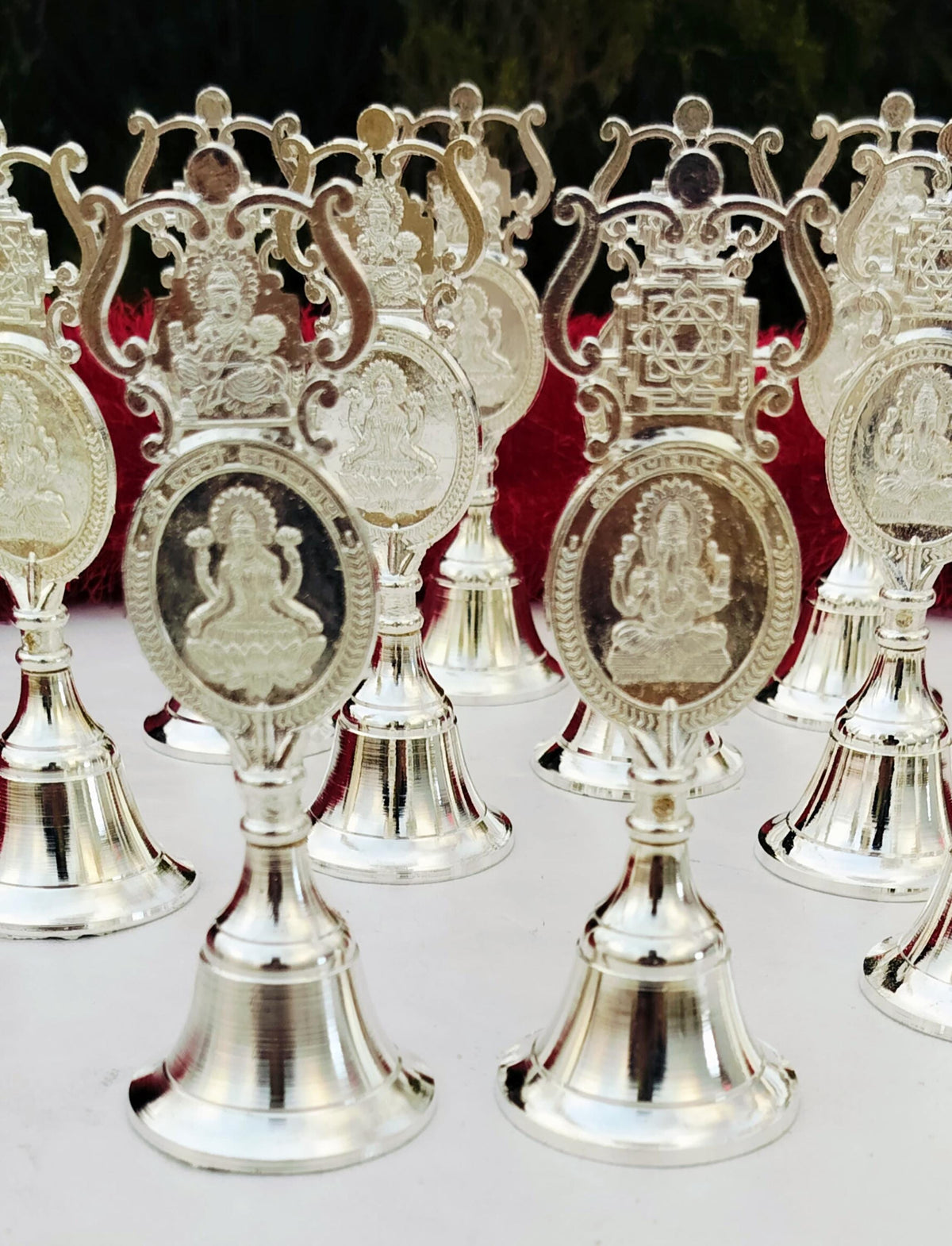 German Silver Lakshmi Ganesh Engraved Pooja Bell, Hindu Temple Decor, Wedding Gift