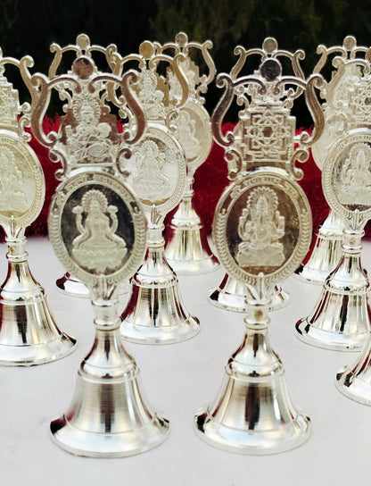 German Silver Lakshmi Ganesh Engraved Pooja Bell, Hindu Temple Decor, Wedding Gift