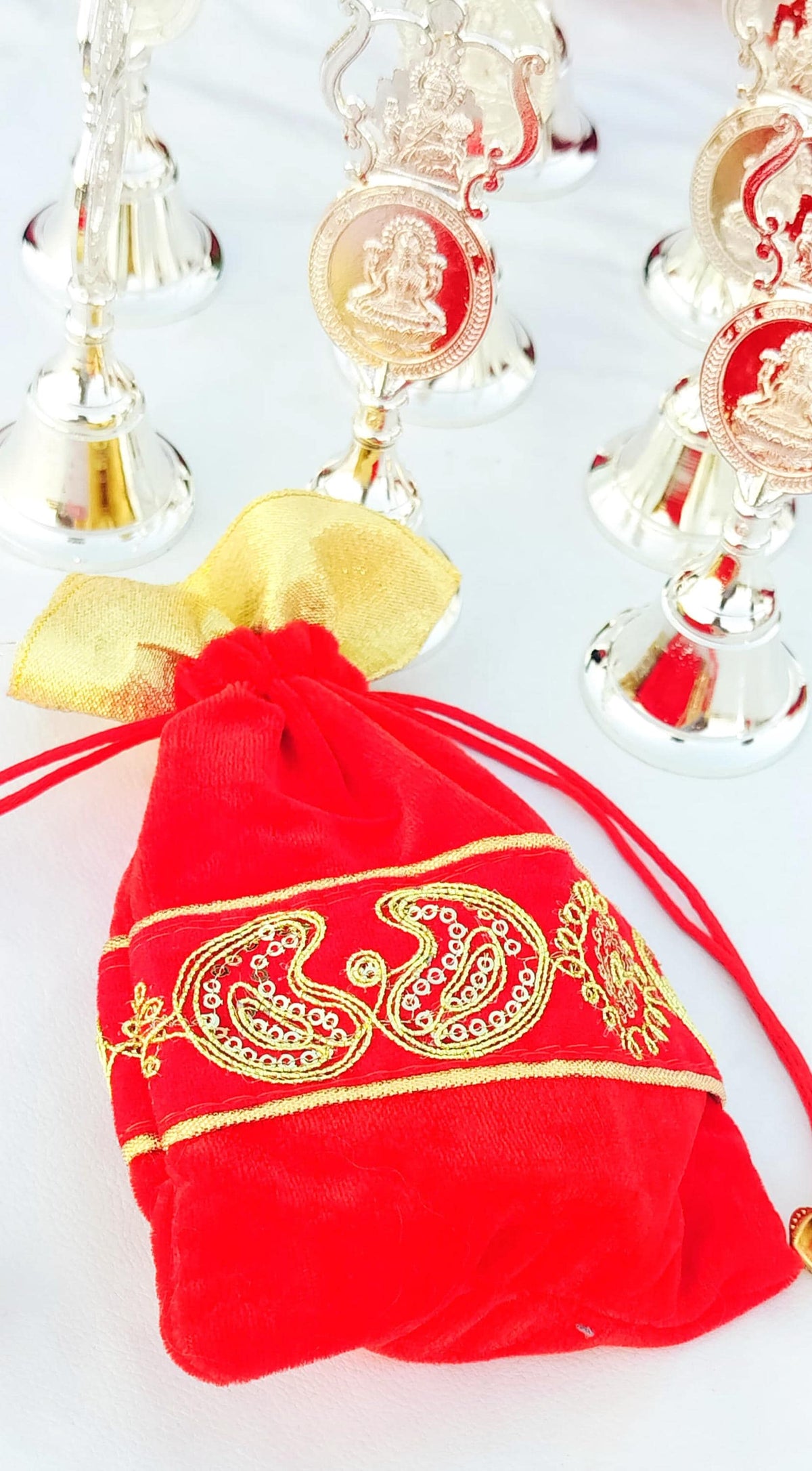 German Silver Lakshmi Ganesh Engraved Pooja Bell, Hindu Temple Decor, Wedding Gift