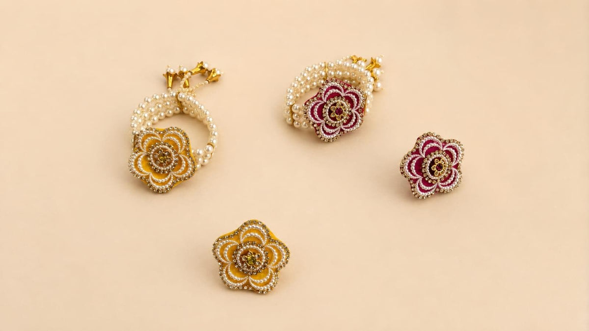 Pearl Kundan Peacock Feather Jewelry Set, Traditional Indian Wedding Bracelet Ring (Faux Pearl)