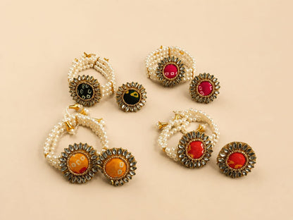 Pearl Kundan Peacock Feather Jewelry Set, Traditional Indian Wedding Bracelet Ring (Faux Pearl)