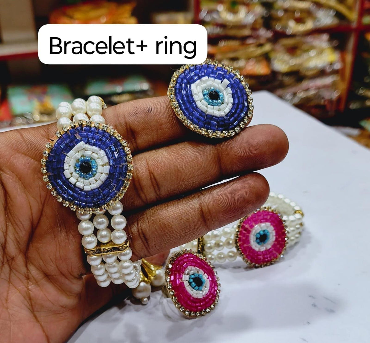 Multi-Strand Pearl Bracelet and Ring | Evil Eye, Cowrie Shell Ethnic Jewelry