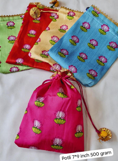 Indian Wedding Potli Bags, Rangoli Print, Tassel Drawstring Pouches (7x9 inch)