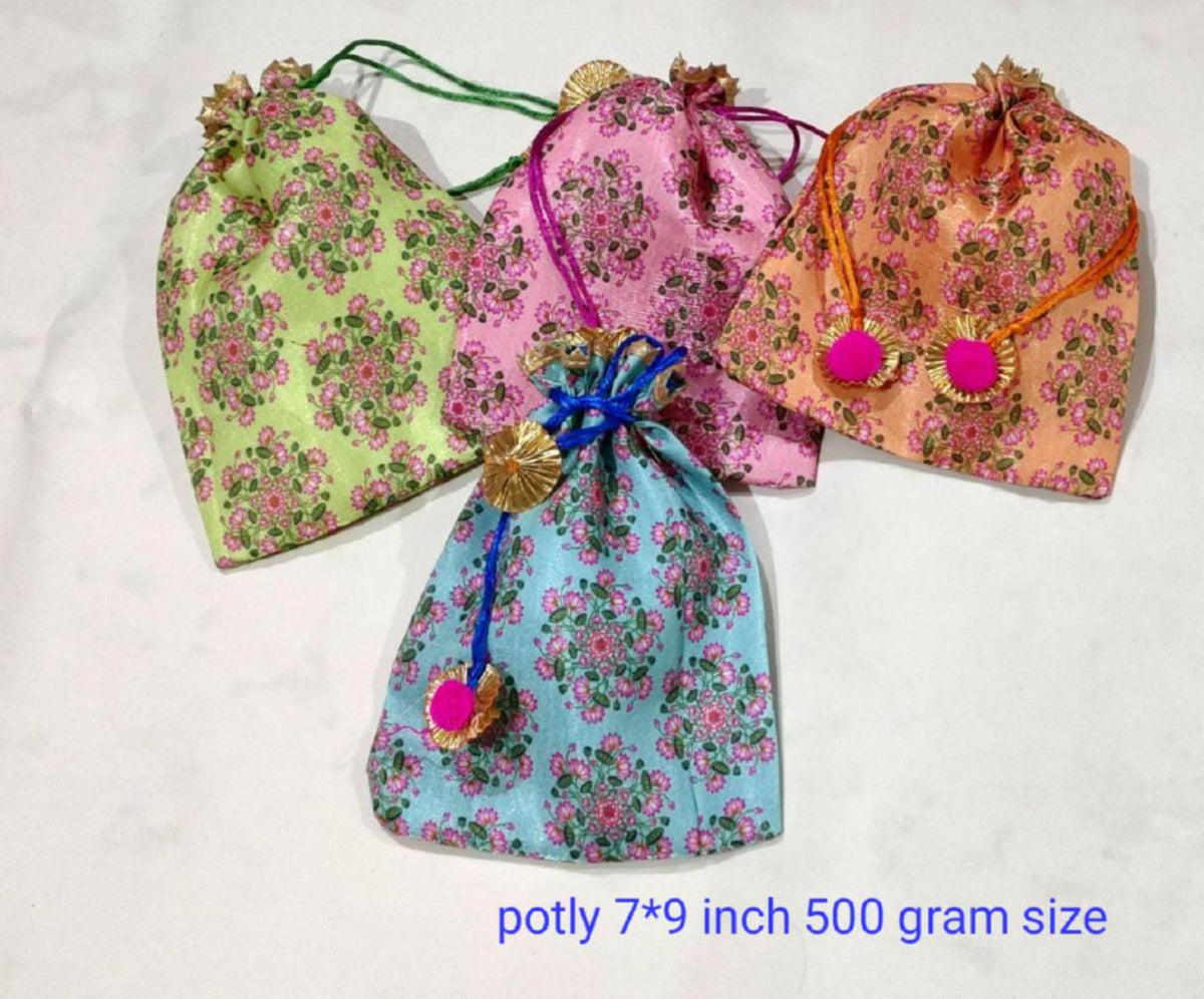 Indian Wedding Potli Bags, Rangoli Print, Tassel Drawstring Pouches (7x9 inch)