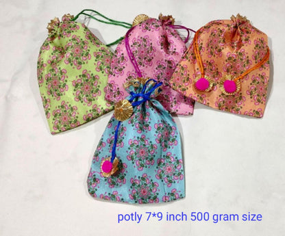 Indian Wedding Potli Bags, Rangoli Print, Tassel Drawstring Pouches (7x9 inch)