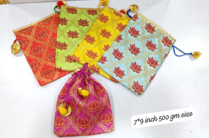 Indian Wedding Potli Bags, Rangoli Print, Tassel Drawstring Pouches (7x9 inch)