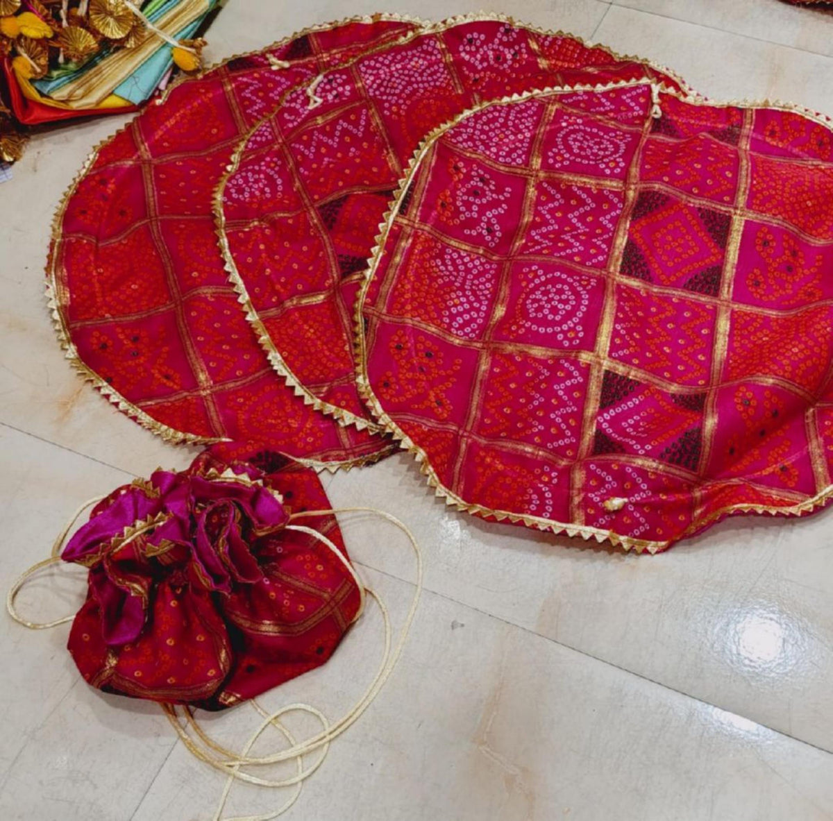 Leheriya Potli Bag & Thal Cover Set, Gold Detailing, Indian Wedding Decor