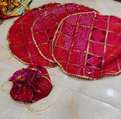 Leheriya Potli Bag & Thal Cover Set, Gold Detailing, Indian Wedding Decor