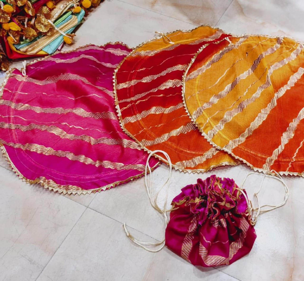 Leheriya Potli Bag & Thal Cover Set, Gold Detailing, Indian Wedding Decor