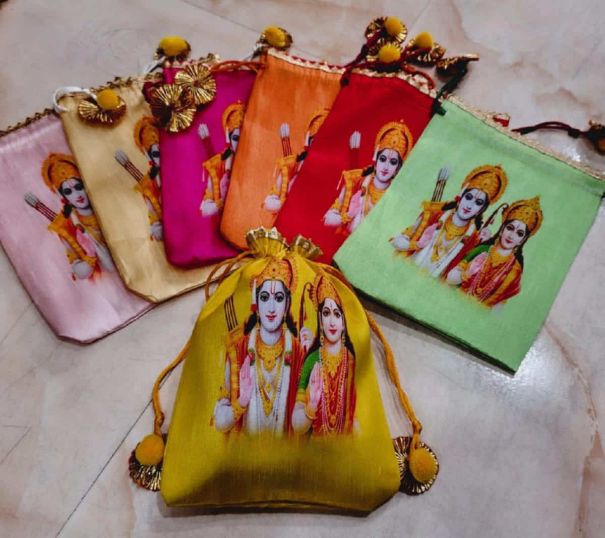 Indian Festive Potli Bags, Rangoli Print, Tassel Drawstring Pouches (7x9 inch)