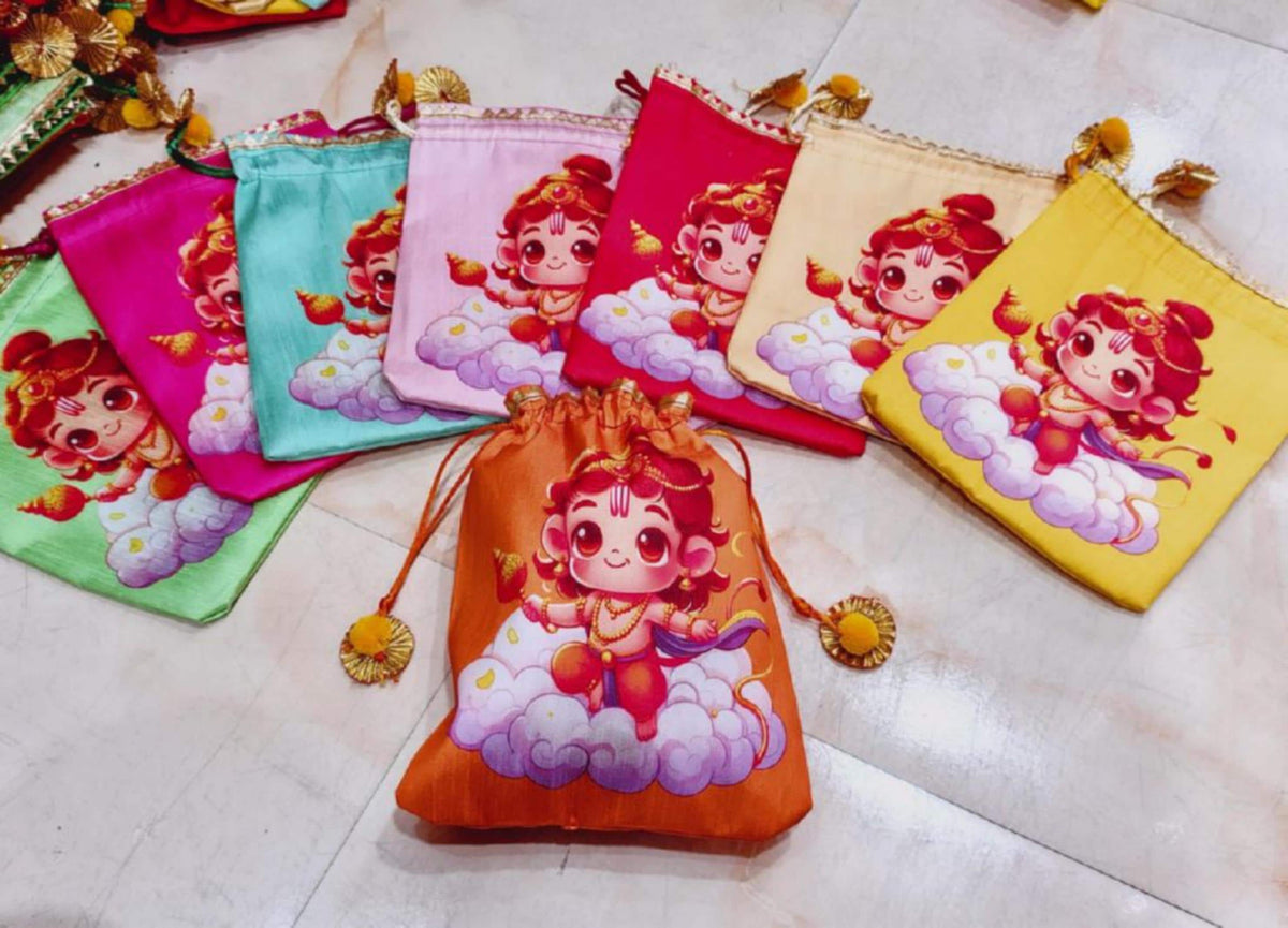 Indian Festive Potli Bags, Rangoli Print, Tassel Drawstring Pouches (7x9 inch)