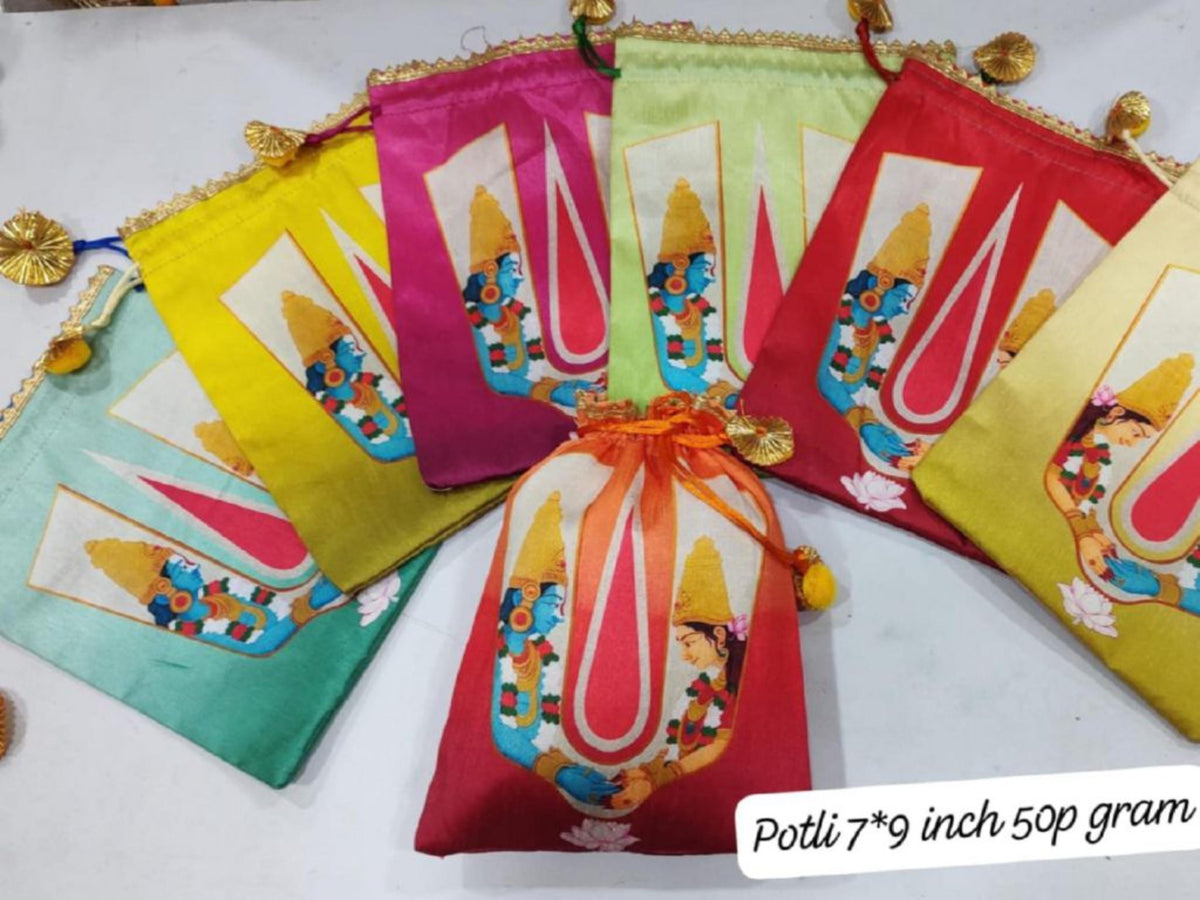 Indian Festive Potli Bags, Rangoli Print, Tassel Drawstring Pouches (7x9 inch)