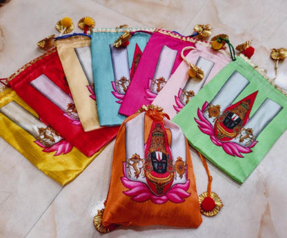 Indian Festive Potli Bags, Rangoli Print, Tassel Drawstring Pouches (7x9 inch)