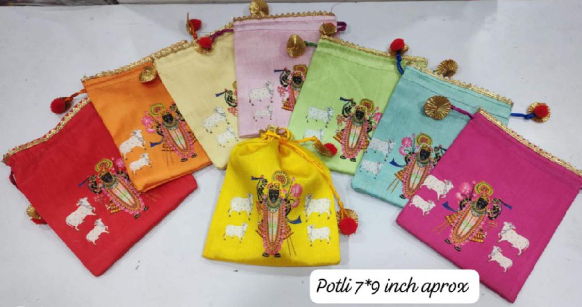 Indian Festive Potli Bags, Rangoli Print, Tassel Drawstring Pouches (7x9 inch)