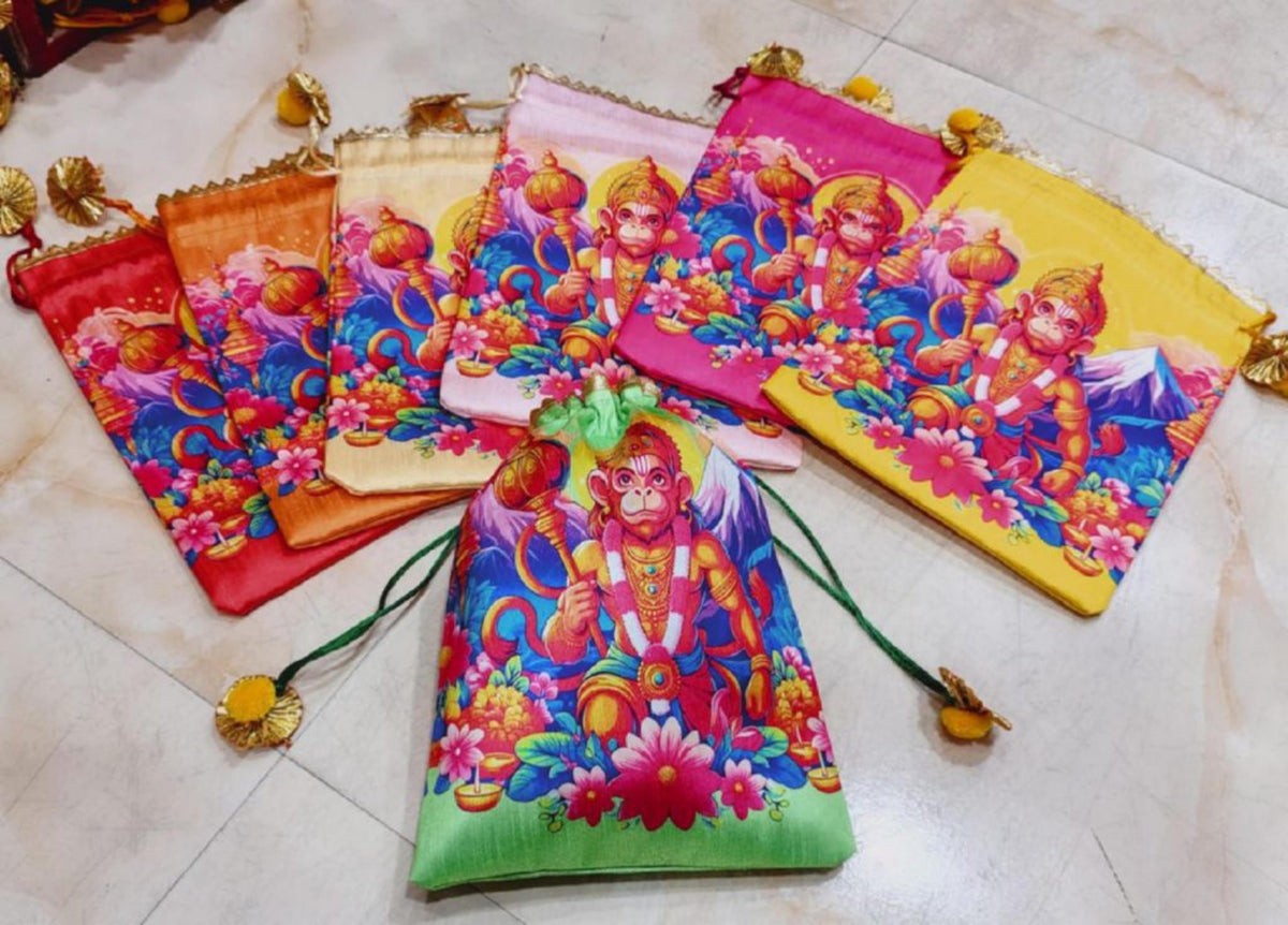 Indian Festive Potli Bags, Rangoli Print, Tassel Drawstring Pouches (7x9 inch)