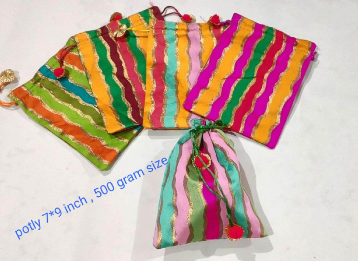 Indian Wedding Potli Bags, Rangoli Print, Tassel Drawstring Pouches (7x9 inch)