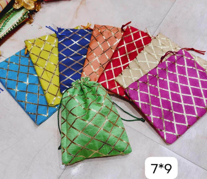 Indian Festive Potli Bags, Rangoli Print, Tassel Drawstring Pouches (7x9 inch)