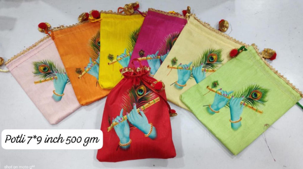 Indian Festive Potli Bags, Rangoli Print, Tassel Drawstring Pouches (7x9 inch)