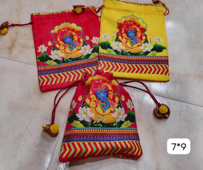 Indian Festive Potli Bags, Rangoli Print, Tassel Drawstring Pouches (7x9 inch)