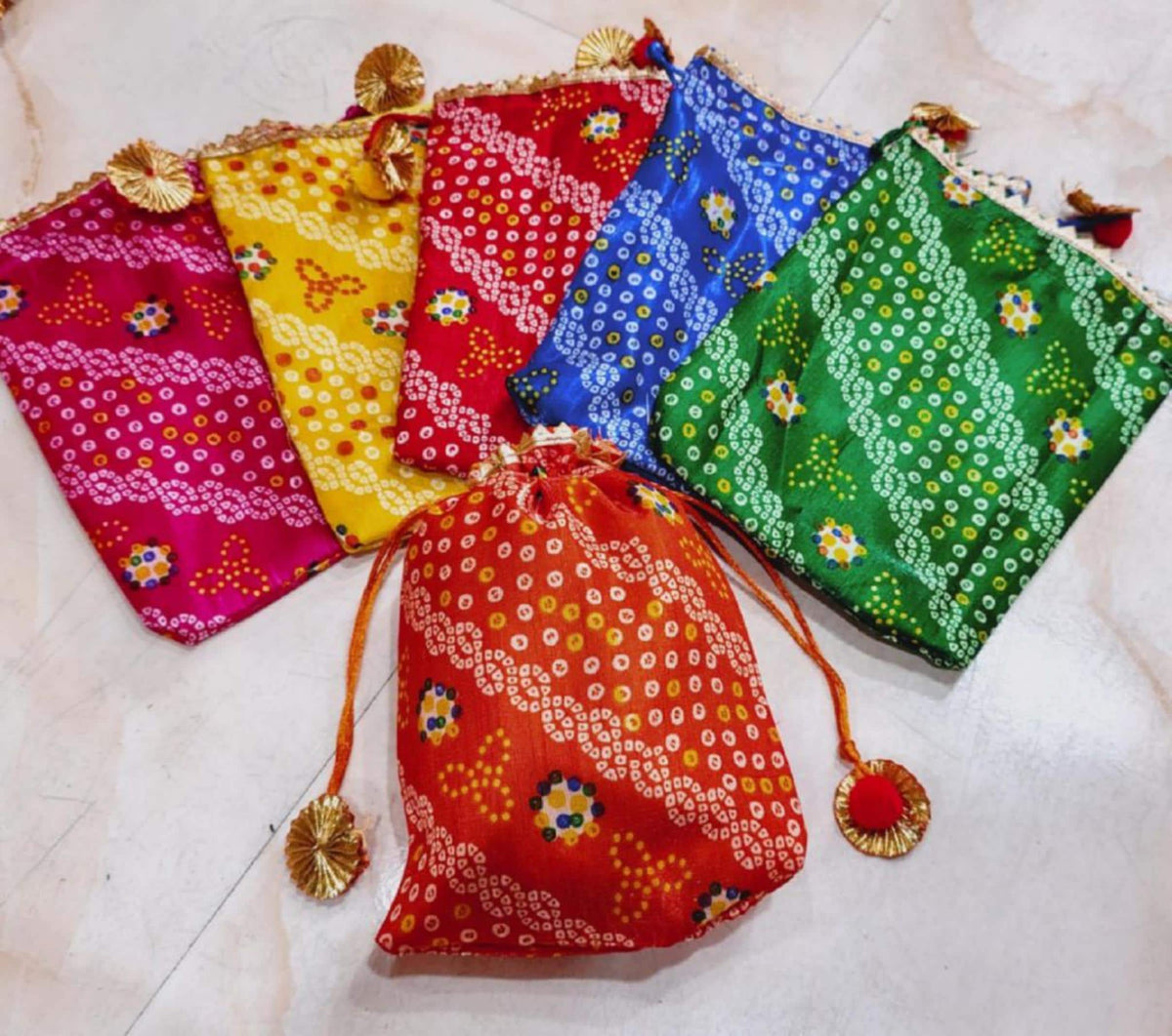 Indian Festive Potli Bags, Rangoli Print, Tassel Drawstring Pouches (7x9 inch)