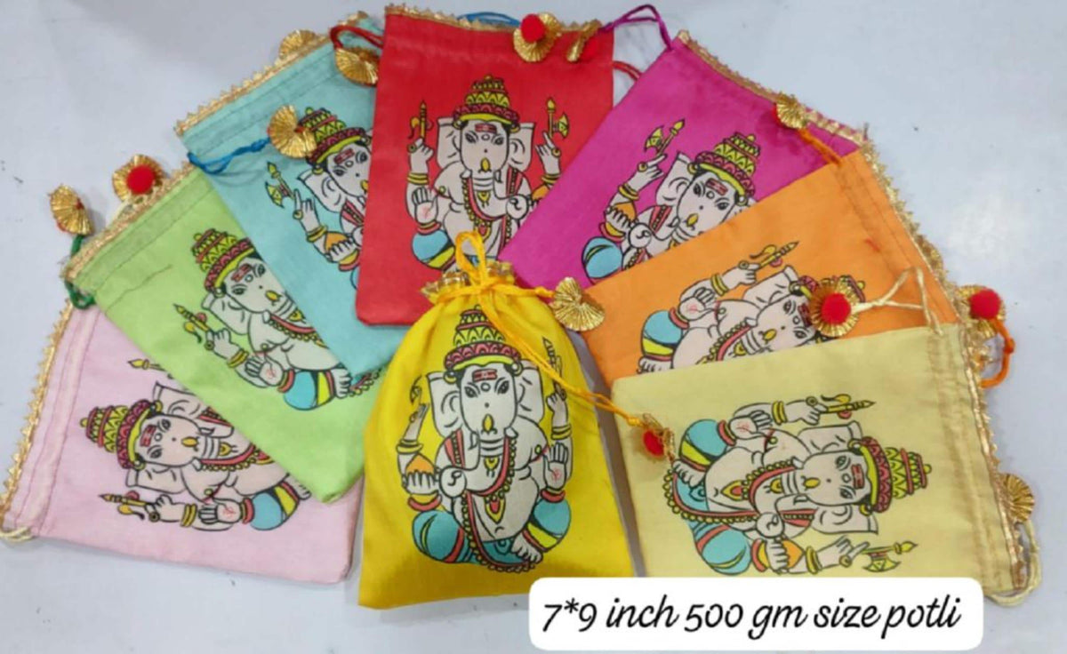 Indian Festive Potli Bags, Rangoli Print, Tassel Drawstring Pouches (7x9 inch)