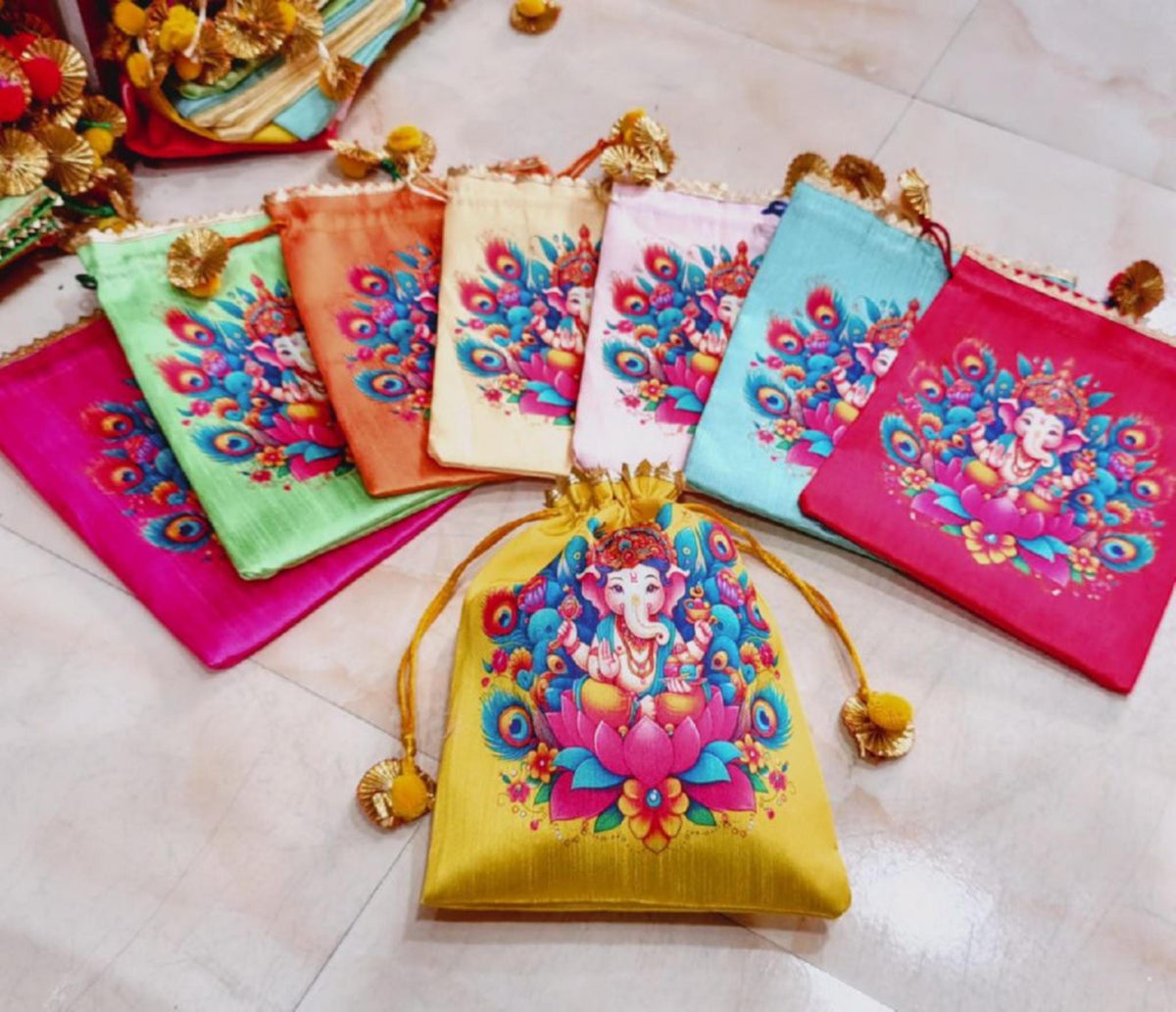 Indian Festive Potli Bags, Festive Gift Bag Tassel Drawstring Pouches (7x9 inch)