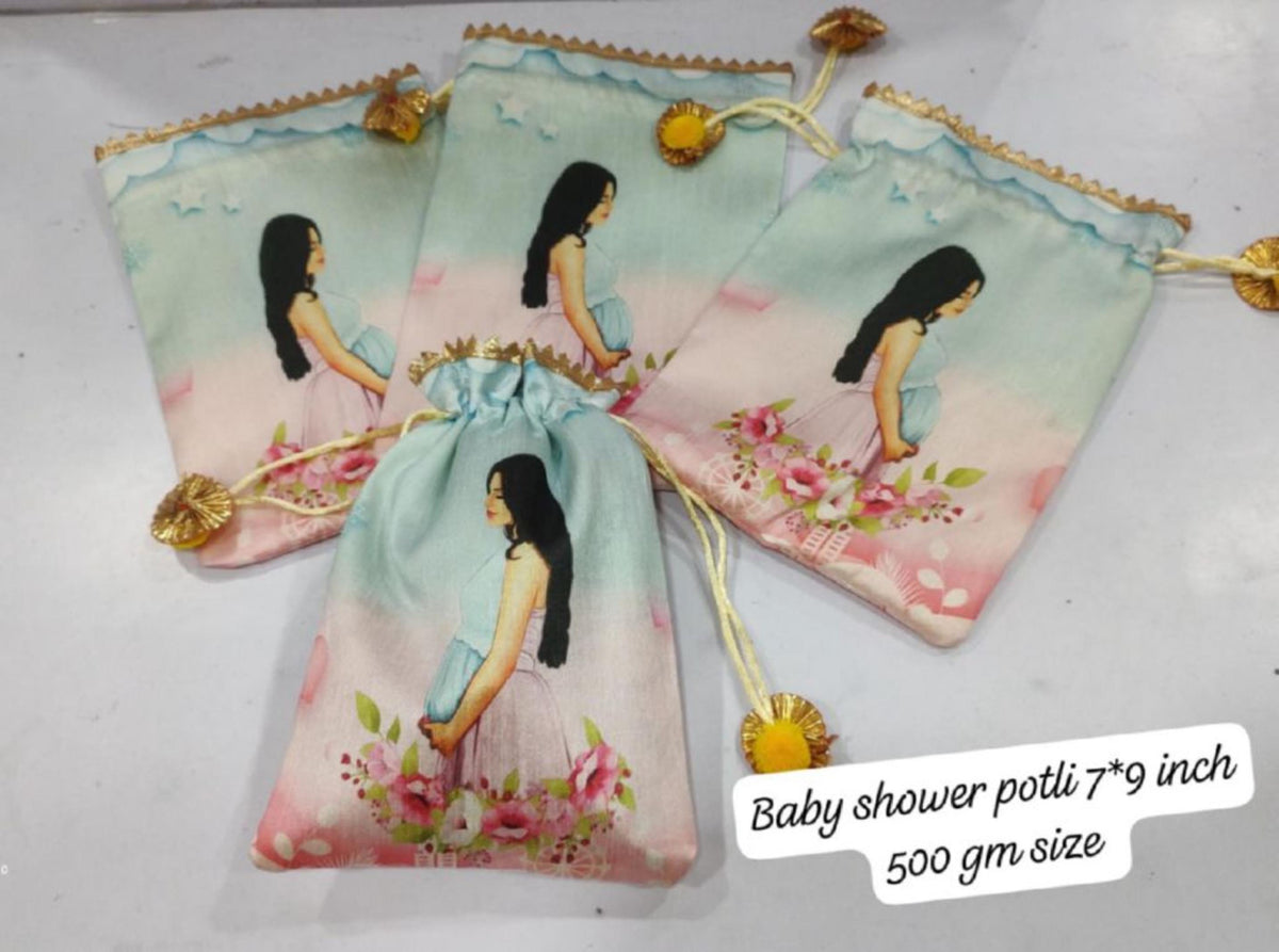 Baby Shower Potli Bags, Mother Baby Favor Pouch, Butterfly Floral Drawstring Gift Bag