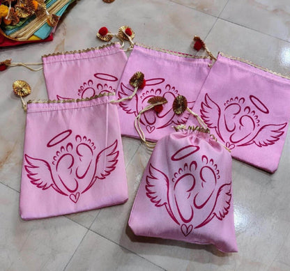 Baby Shower Potli Bags, Mother Baby Favor Pouch, Butterfly Floral Drawstring Gift Bag