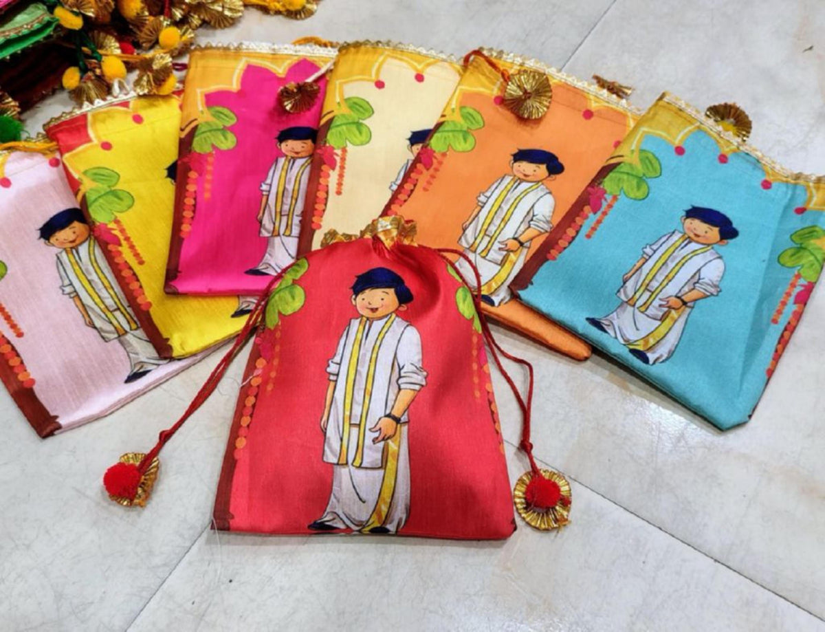 Indian Festive Potli Bags, Floral Lotus Print, Tassel Drawstring Pouches (7x9 inch)