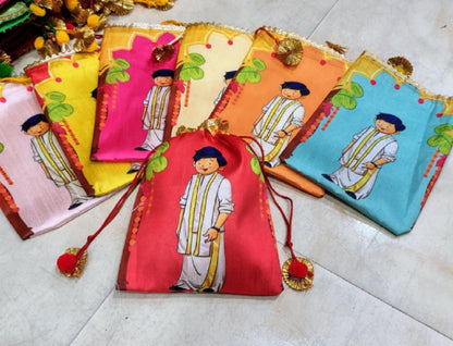 Indian Festive Potli Bags, Floral Lotus Print, Tassel Drawstring Pouches (7x9 inch)