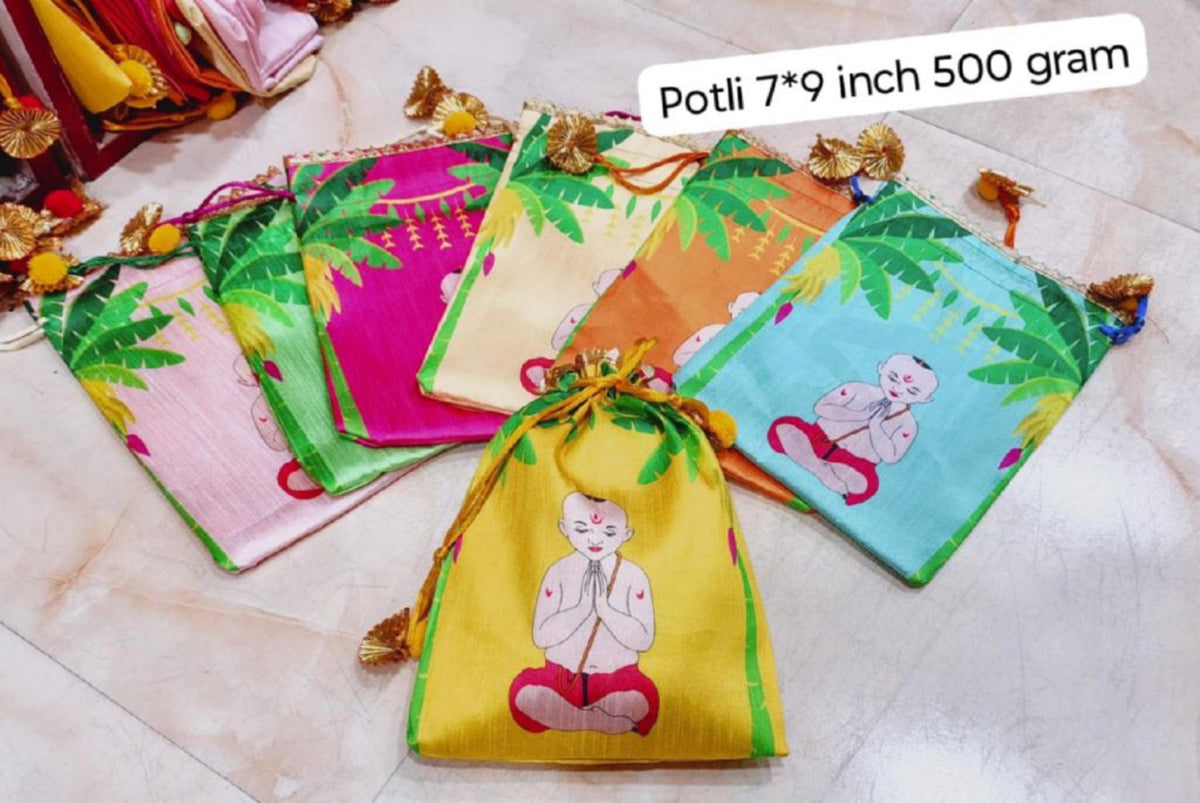 Indian Festive Potli Bags, Floral Lotus Print, Tassel Drawstring Pouches (7x9 inch)