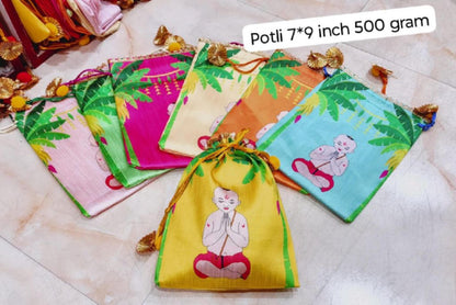 Indian Festive Potli Bags, Floral Lotus Print, Tassel Drawstring Pouches (7x9 inch)