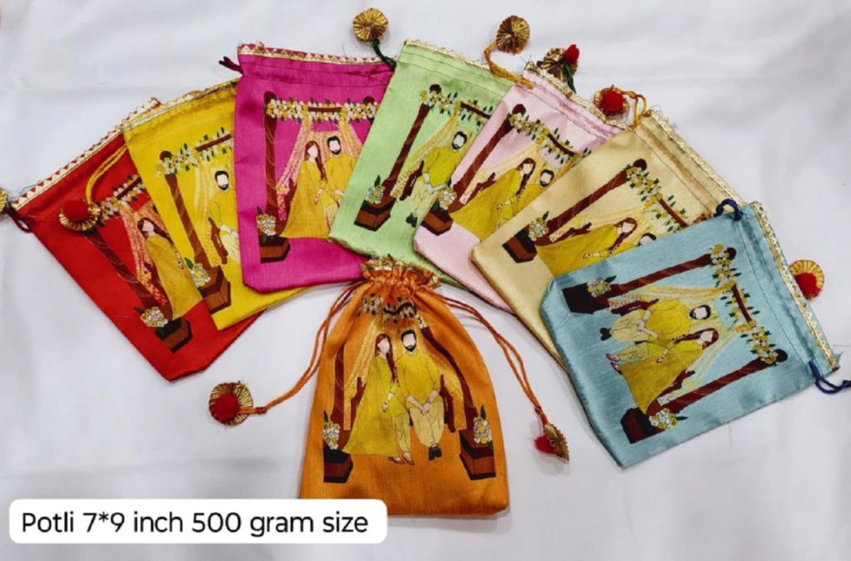 Indian Festive Potli Bags, Floral Lotus Print, Tassel Drawstring Pouches (7x9 inch)