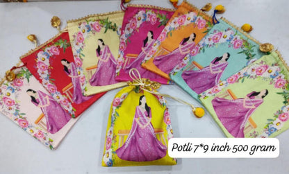 Indian Festive Potli Bags, Floral Lotus Print, Tassel Drawstring Pouches (7x9 inch)