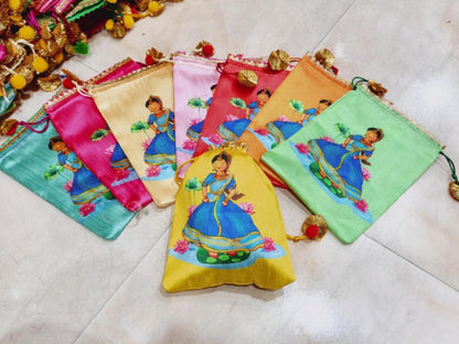 Indian Festive Potli Bags, Floral Lotus Print, Tassel Drawstring Pouches (7x9 inch)